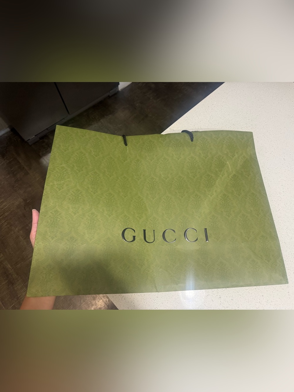 Large Gucci Olive Green Logo Shopping Bag with Black Rope Handles